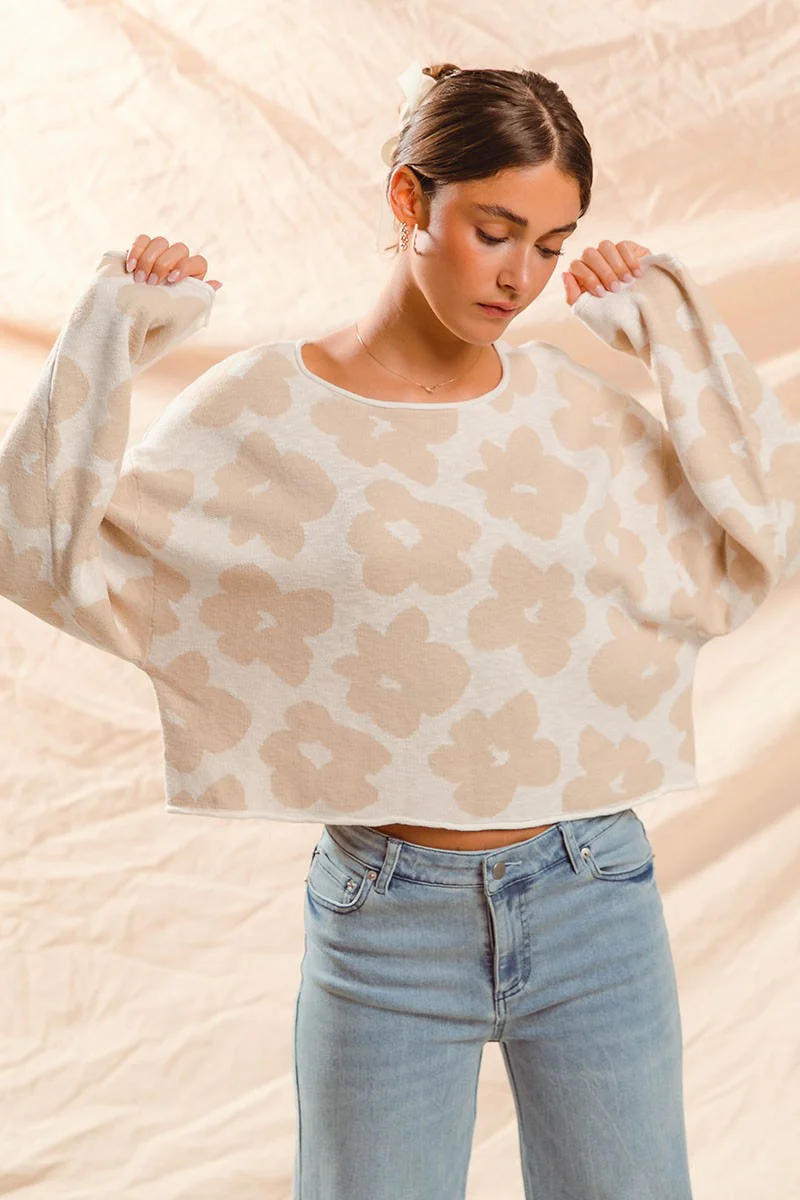 Image of Shiloh Loose Fit Flower Sweater, Oatmeal/Ivory