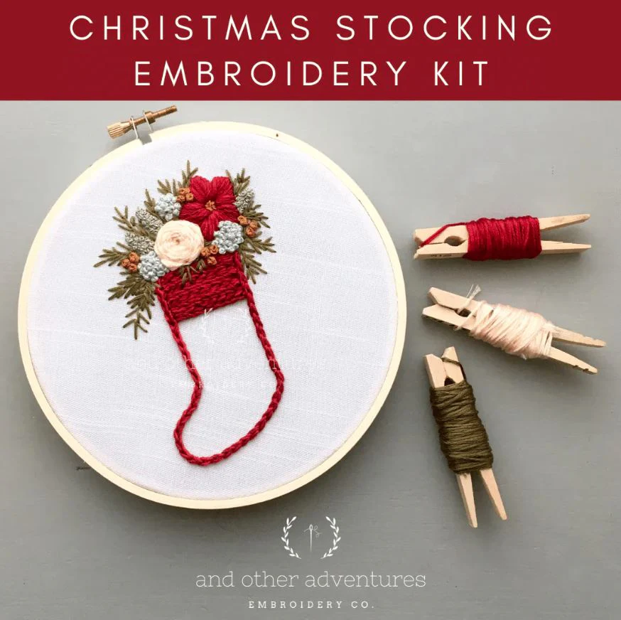 Image of Beginner Embroidery Kit, Red Christmas Stocking