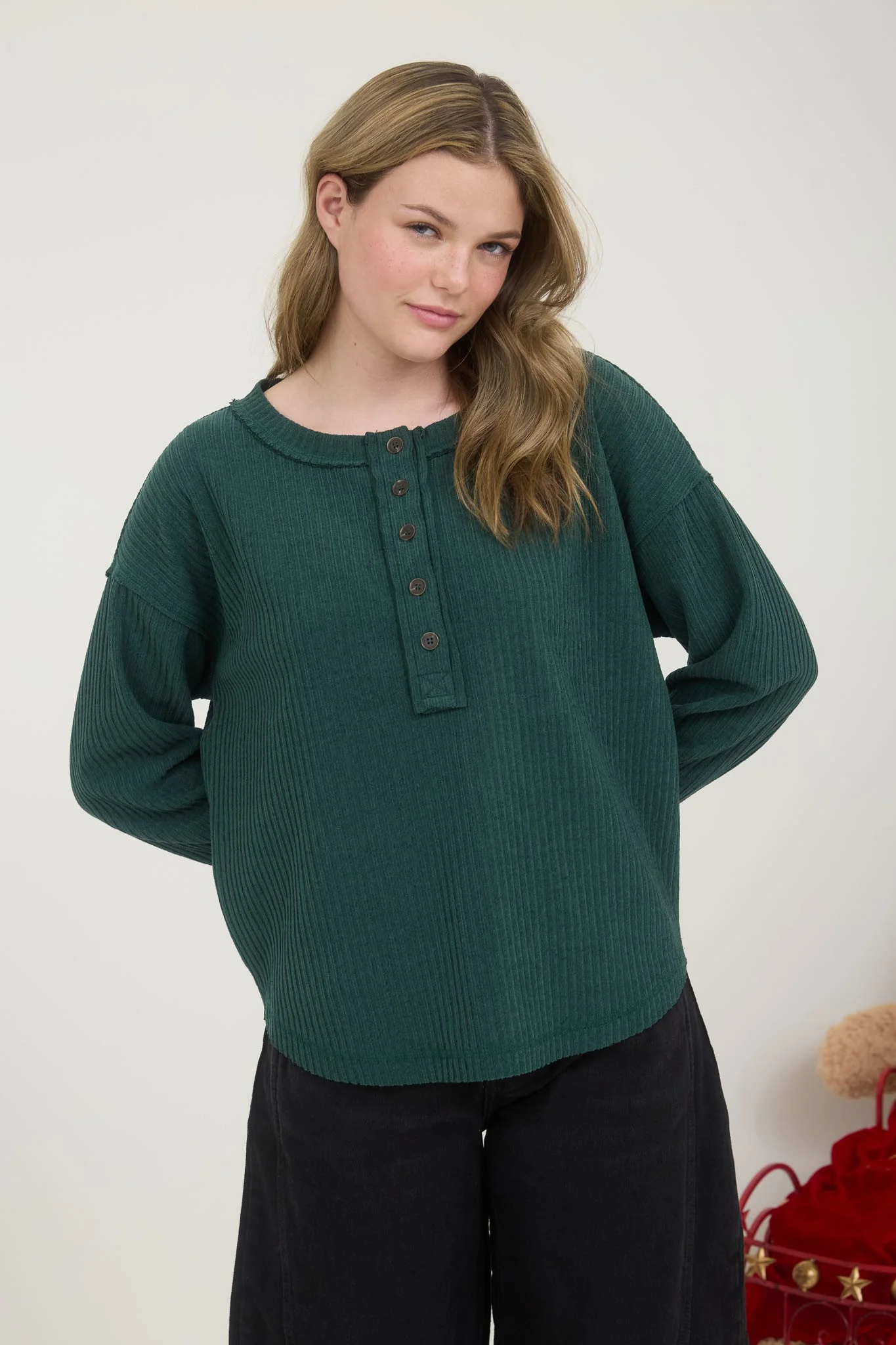 Image of Rowan Ribbed Henley Long Sleeve Top, Hunter Green