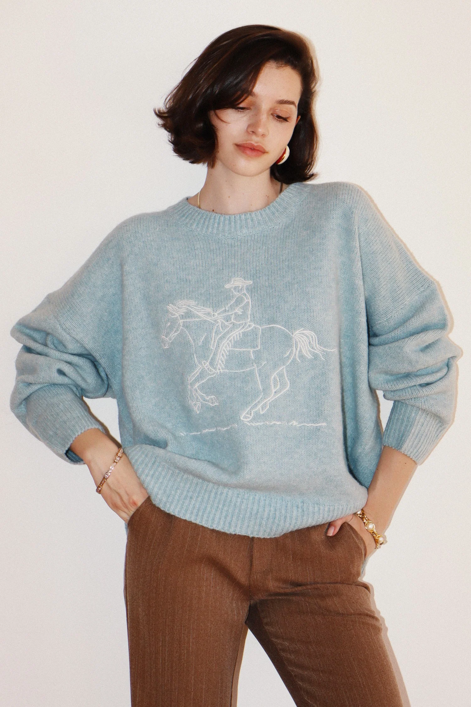 Image of Raina Cowboy Knit Sweater, Sky Blue