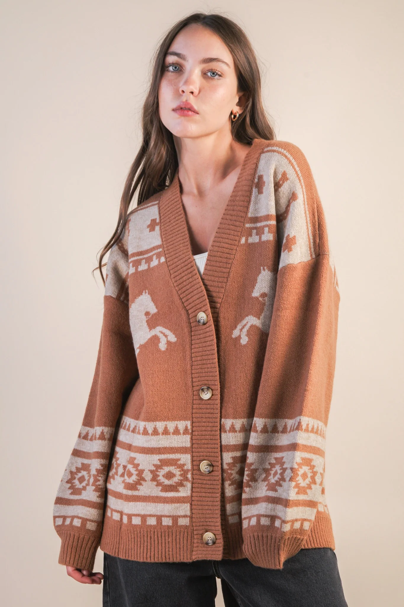 Image of Bondurant Western Print Cardigan, Camel