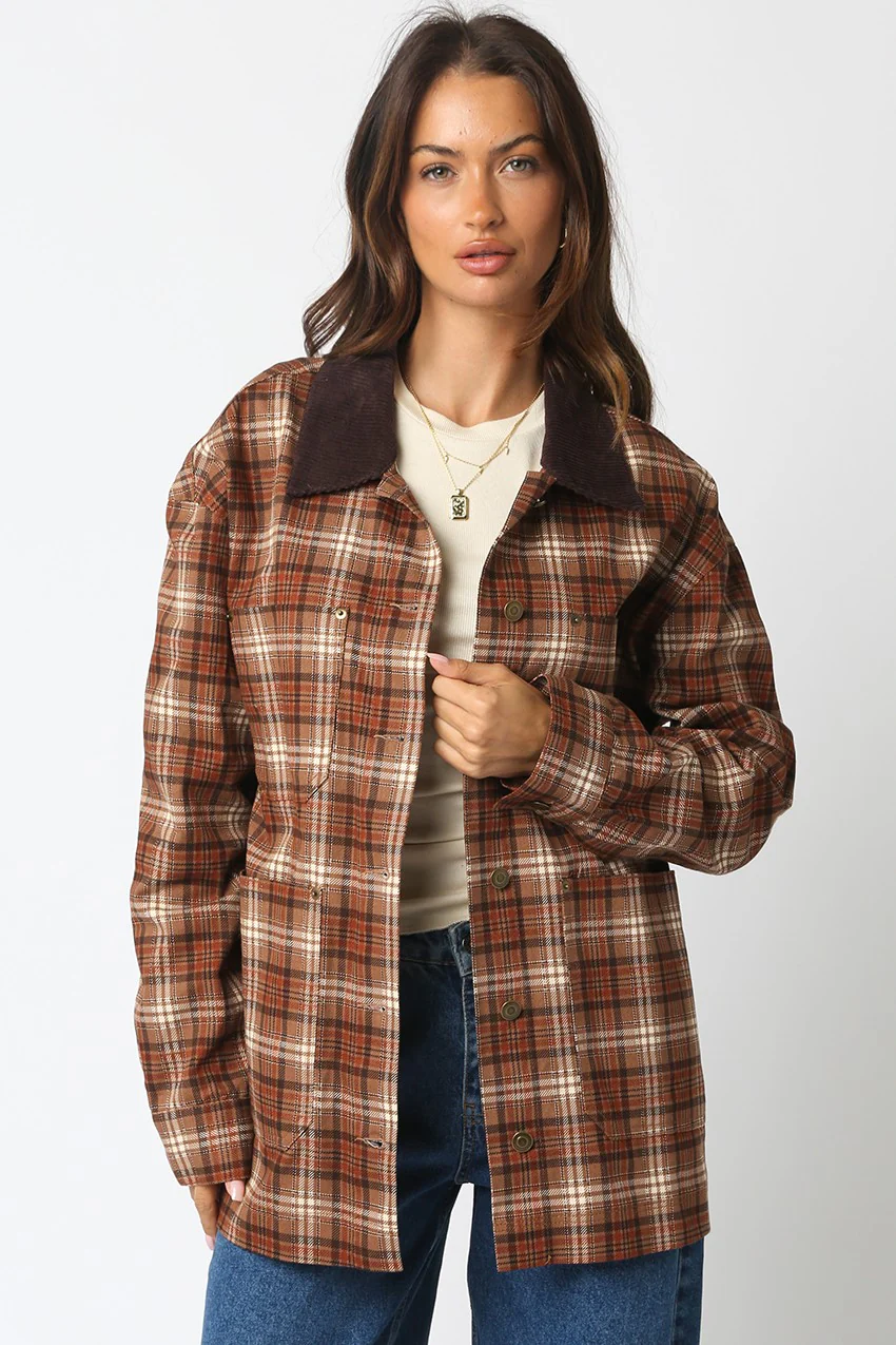 Image of Ester Plaid Button Down Jacket, Taupe