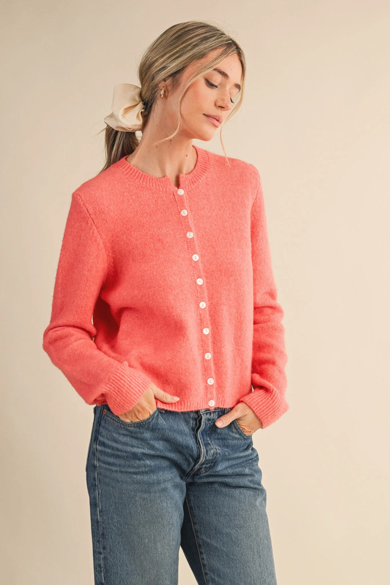 Image of Bethany Marled Knit Cardigan, Coral Red
