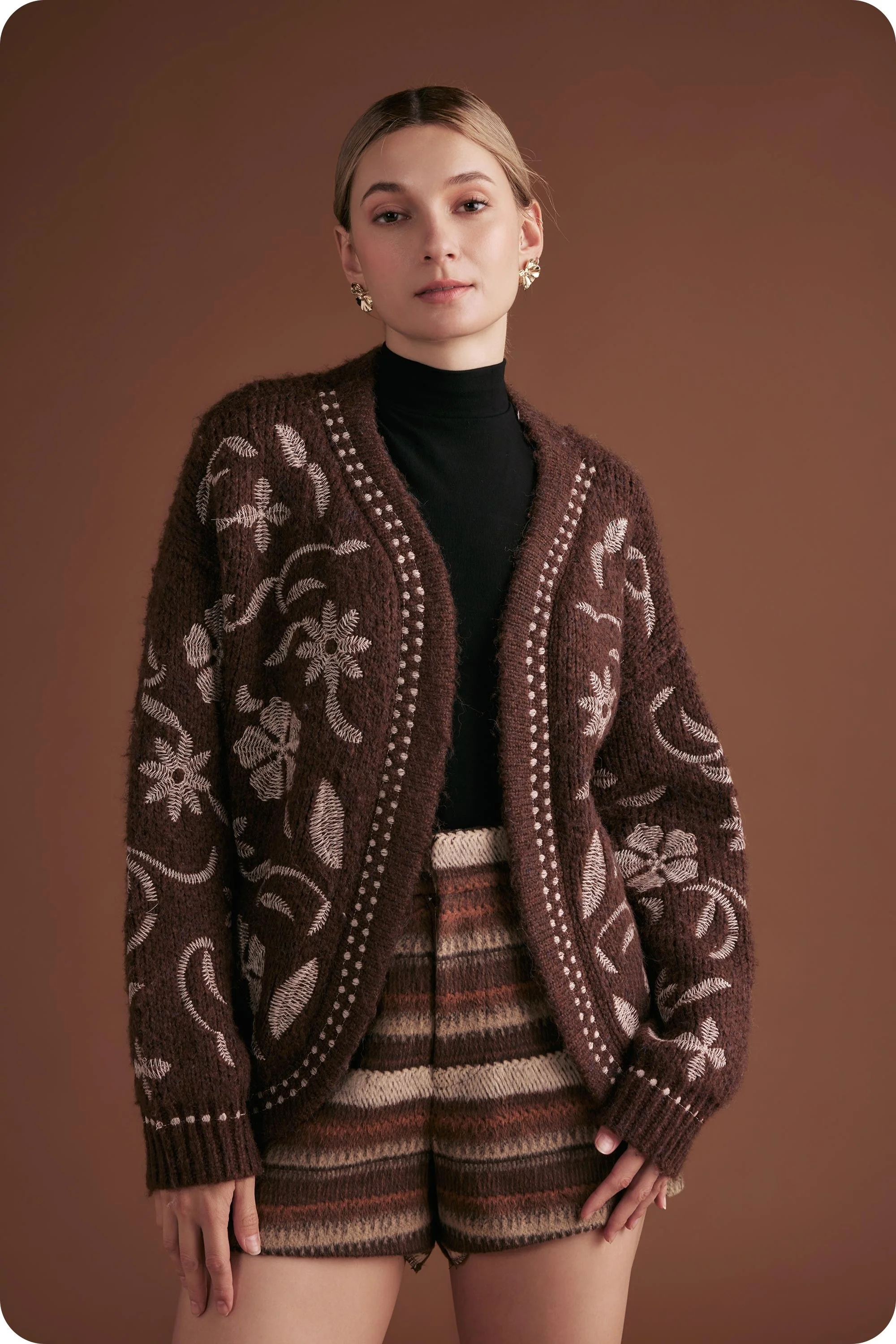 Image of Evie Embroidered Knit Cardigan, Chocolate Brown