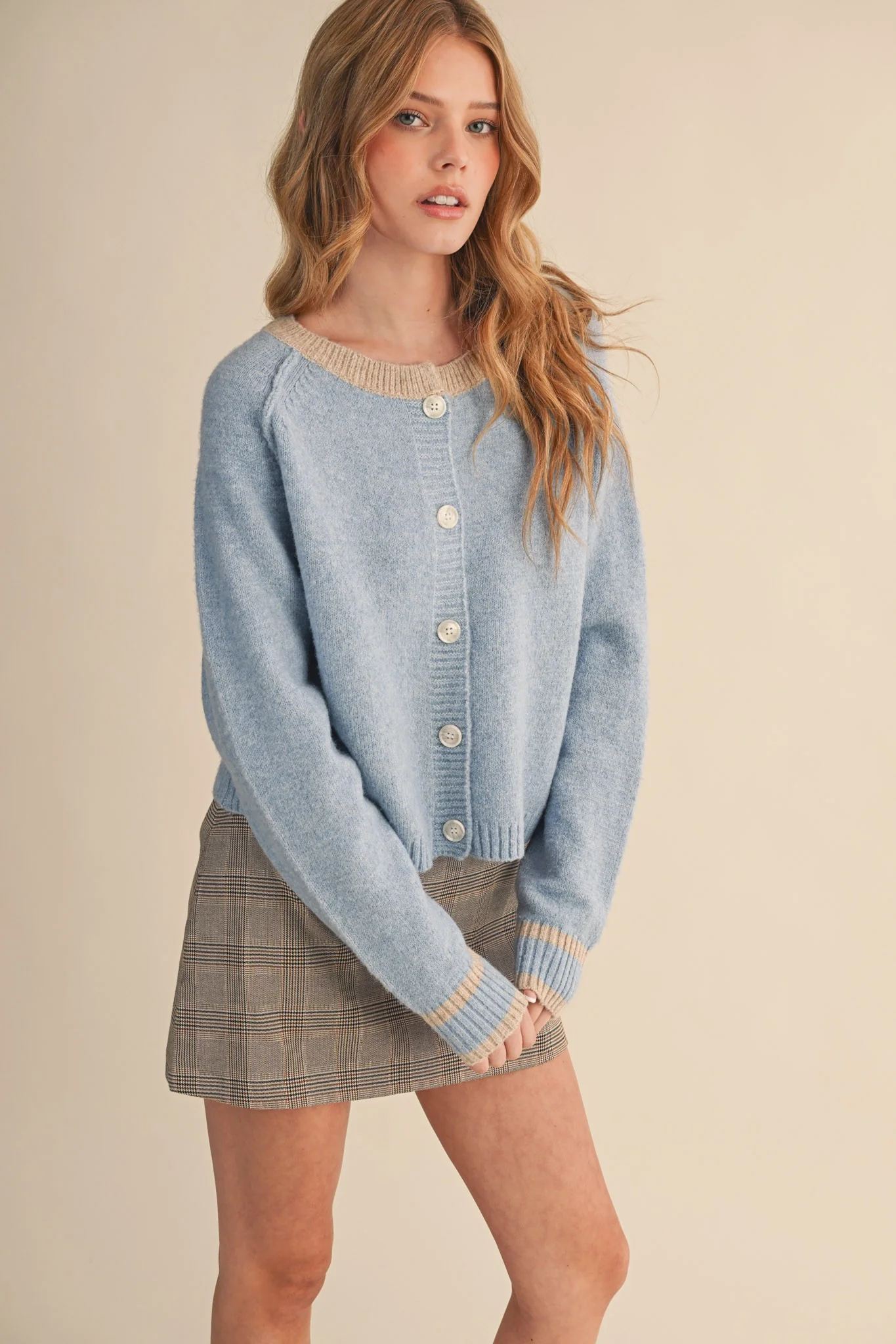 Image of Amelia Sweater Cardigan, Sky Blue Taupe