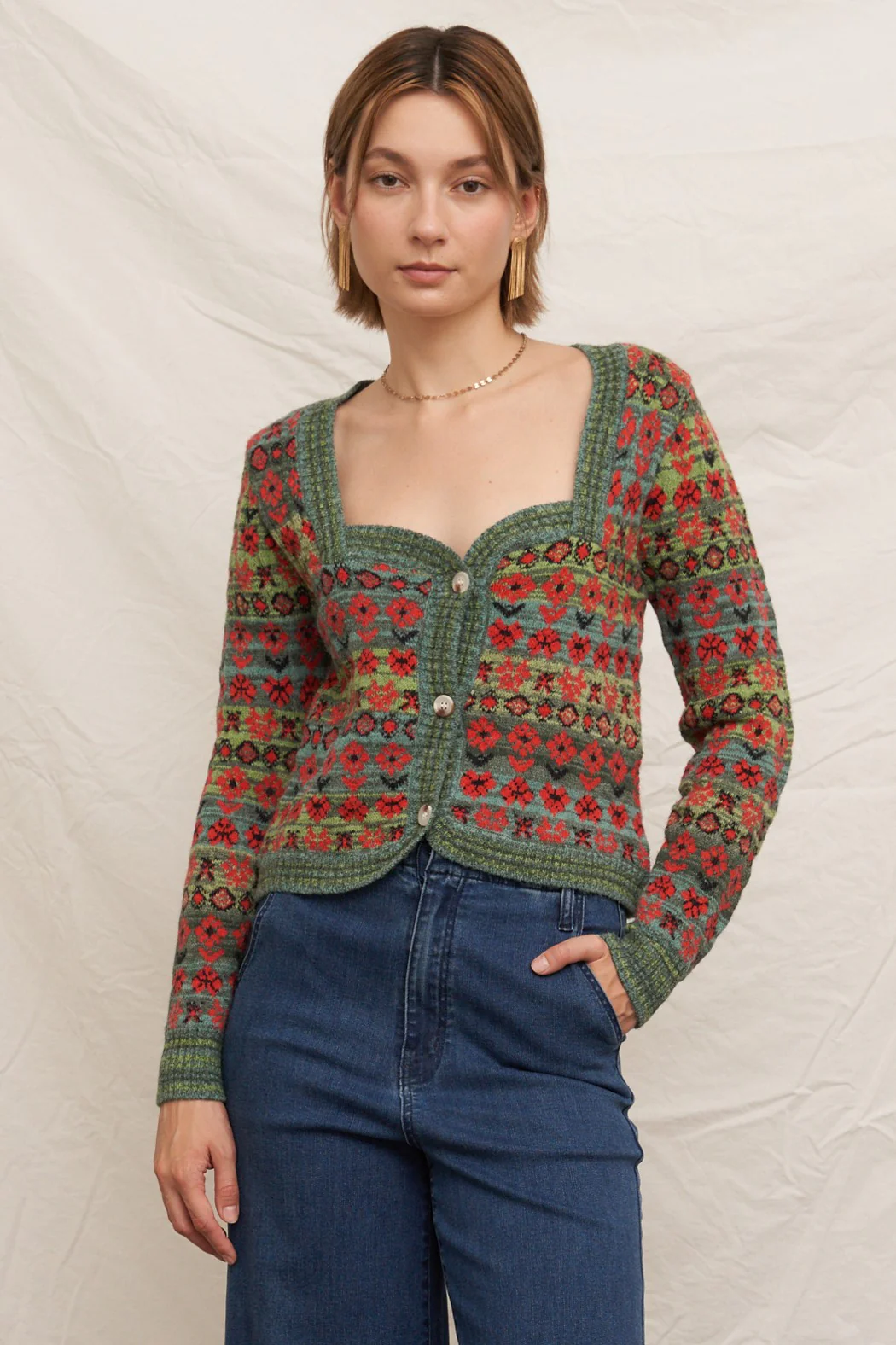 Image of Sadie Sweetheart Neckline Sweater Cardigan, Green Multi