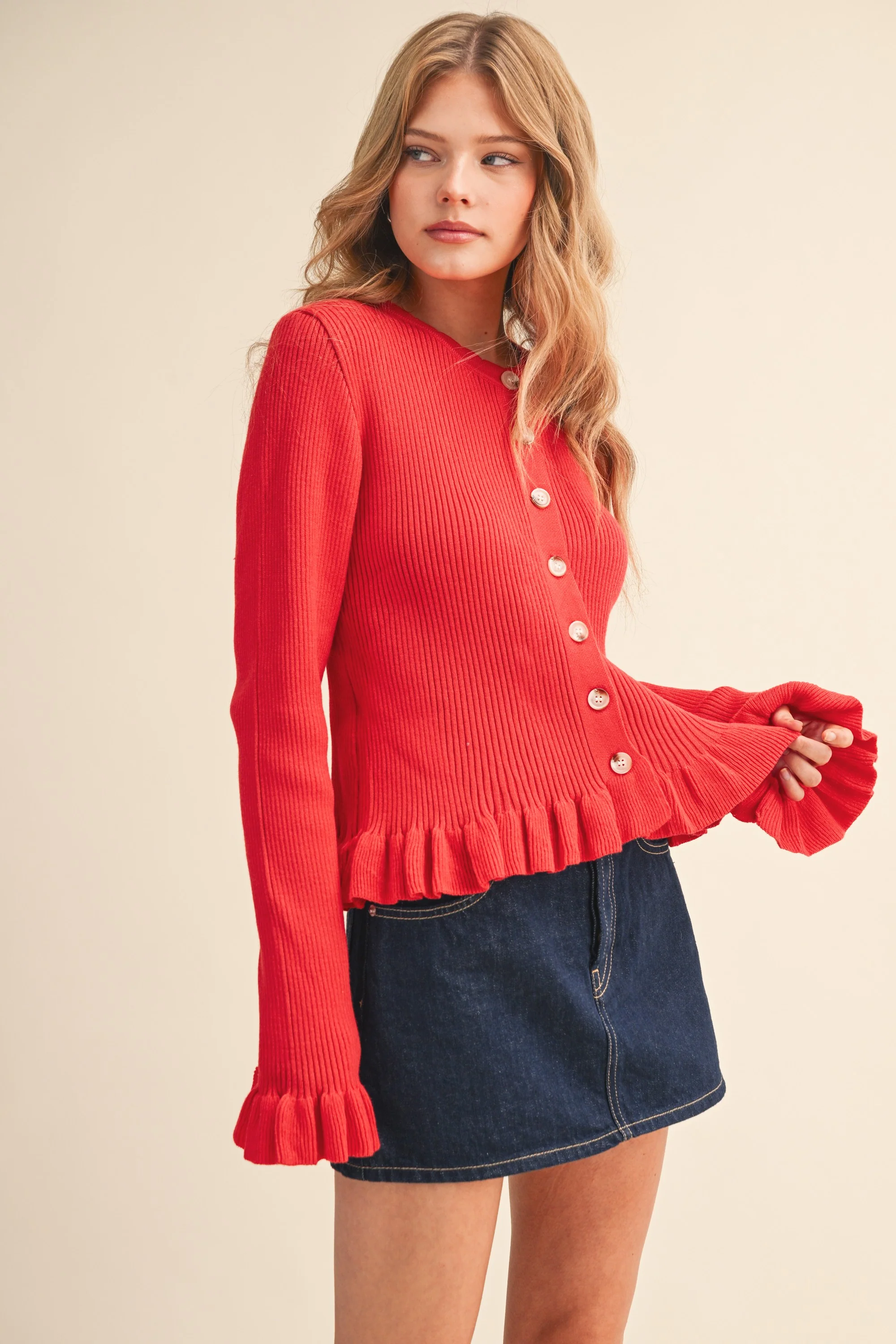 Image of Harper Ruffle Hem Sweater Cardigan, Poppy Red