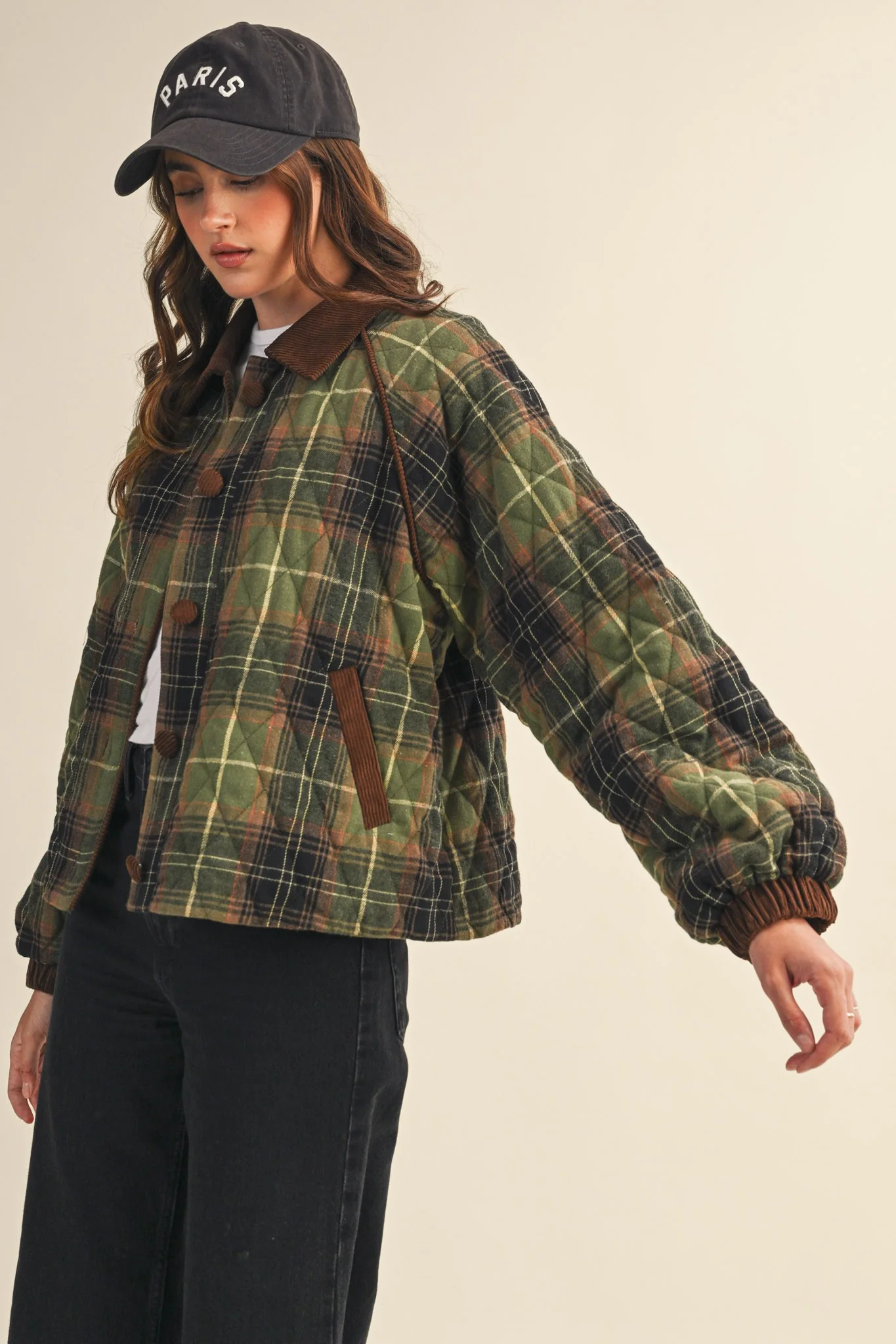 Image of Rebekah Plaid Quilted Jacket, Olive Multi Plaid