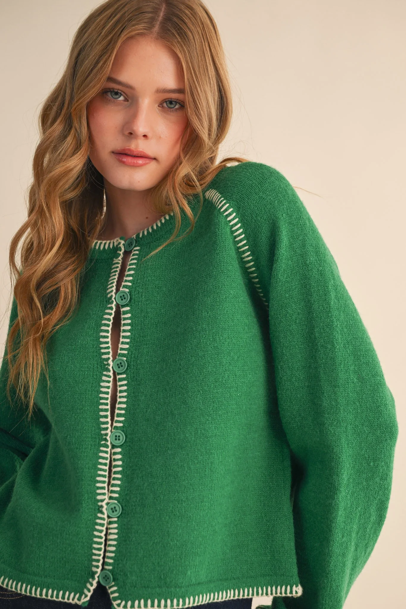 Image of Ainsley Blanket Stitch Cardigan, Green Ivory