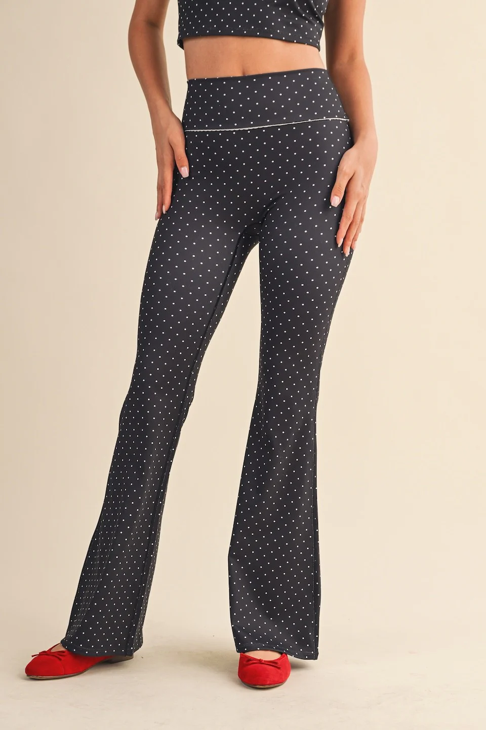 Image of Sally Printed Flare Pants, Black Polka Dot