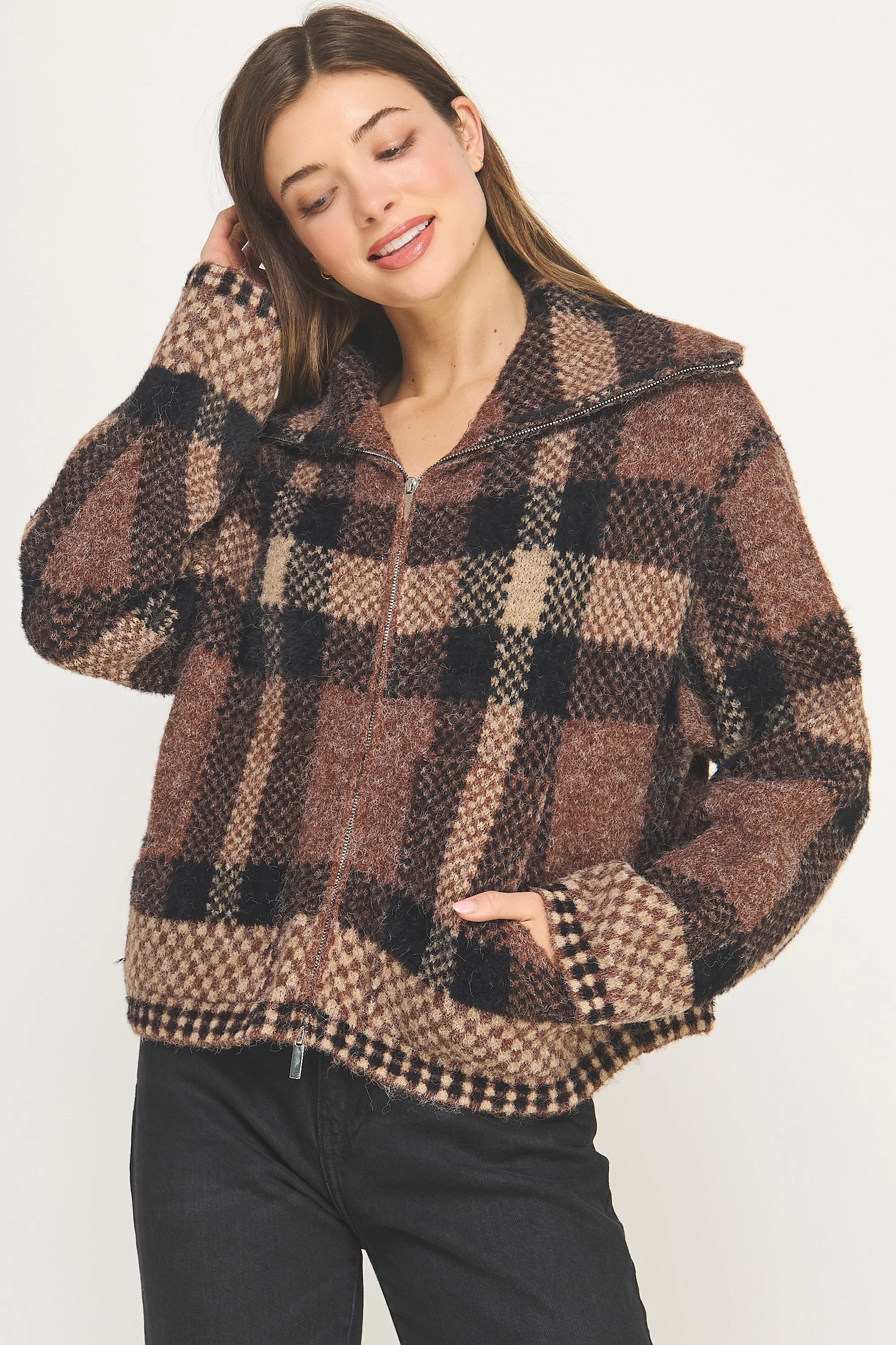 Image of Plaid Bomber Knit Jacket, Brown Mix