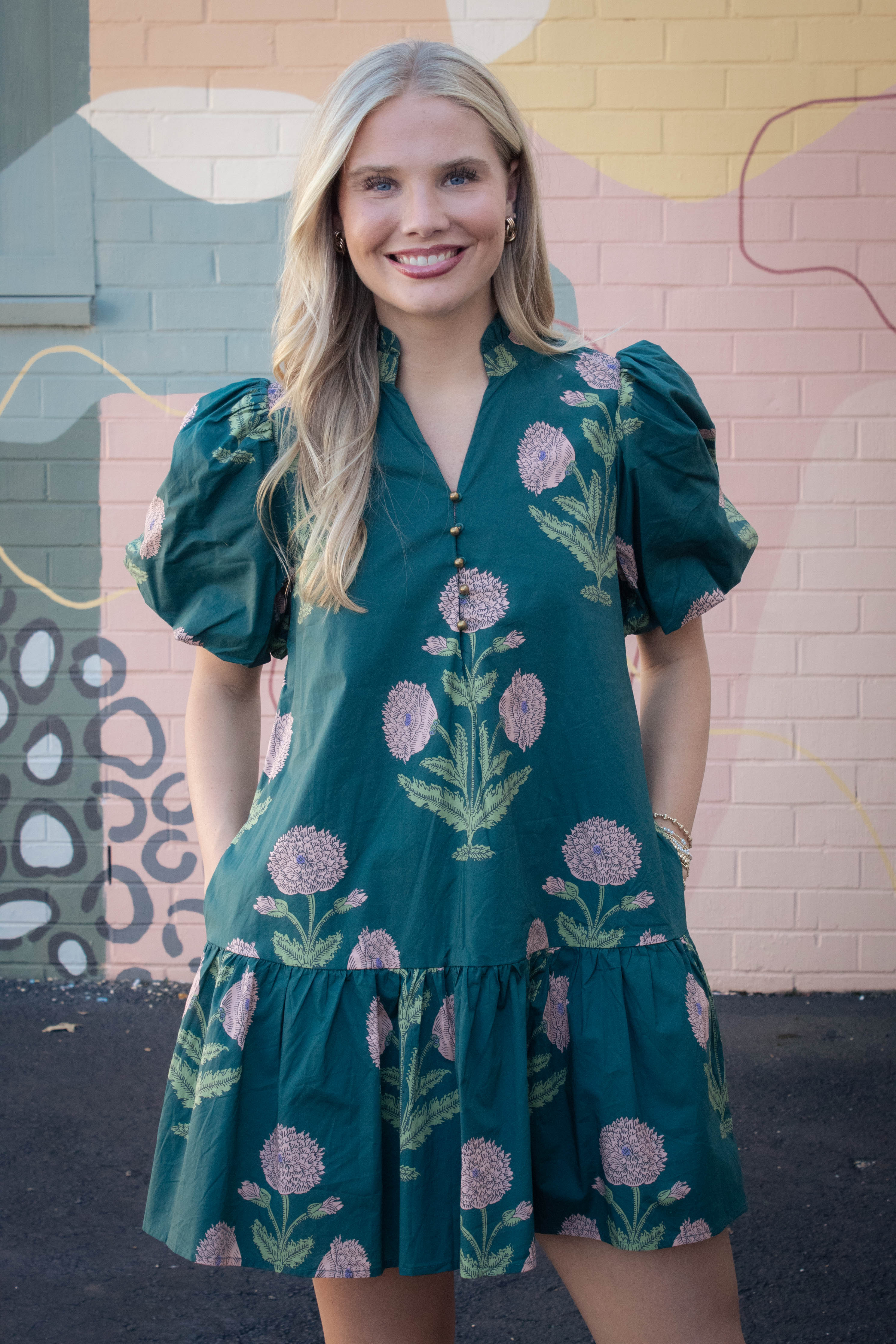 Image of Avery Floral Bubble Sleeve Dress, Hunter Green