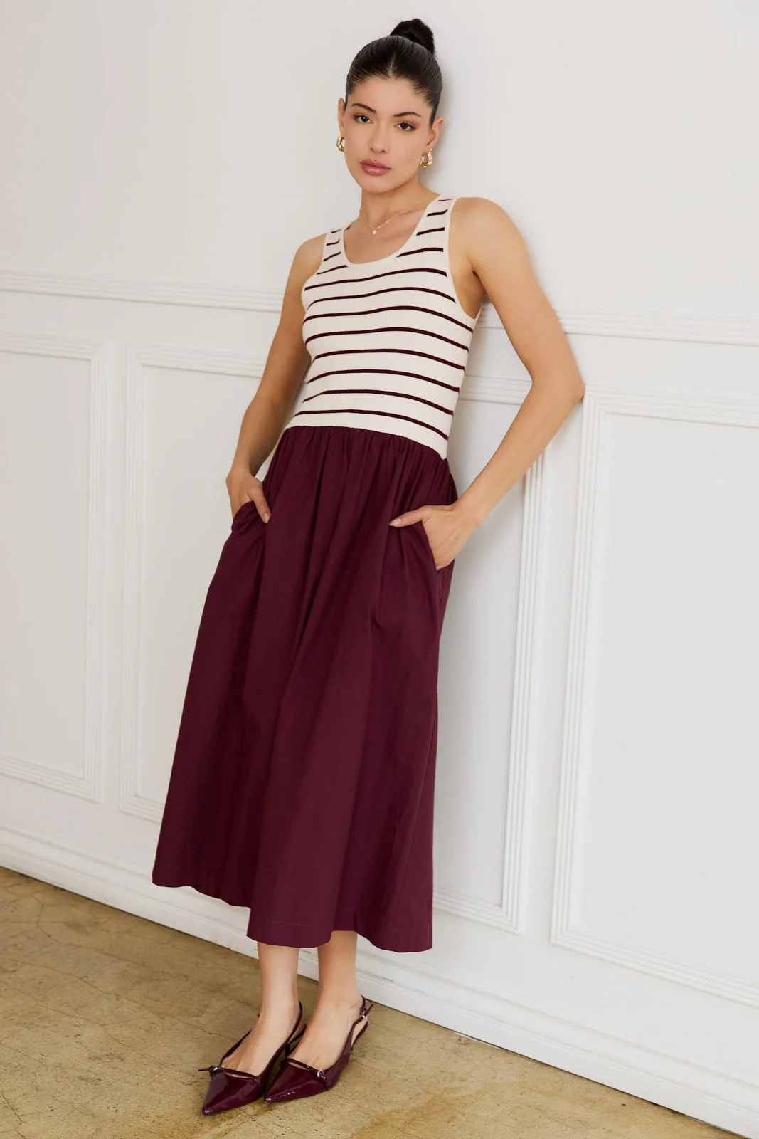 Image of Calista Striped Bodice Mix Media Dress, Cream-Wine Stripe