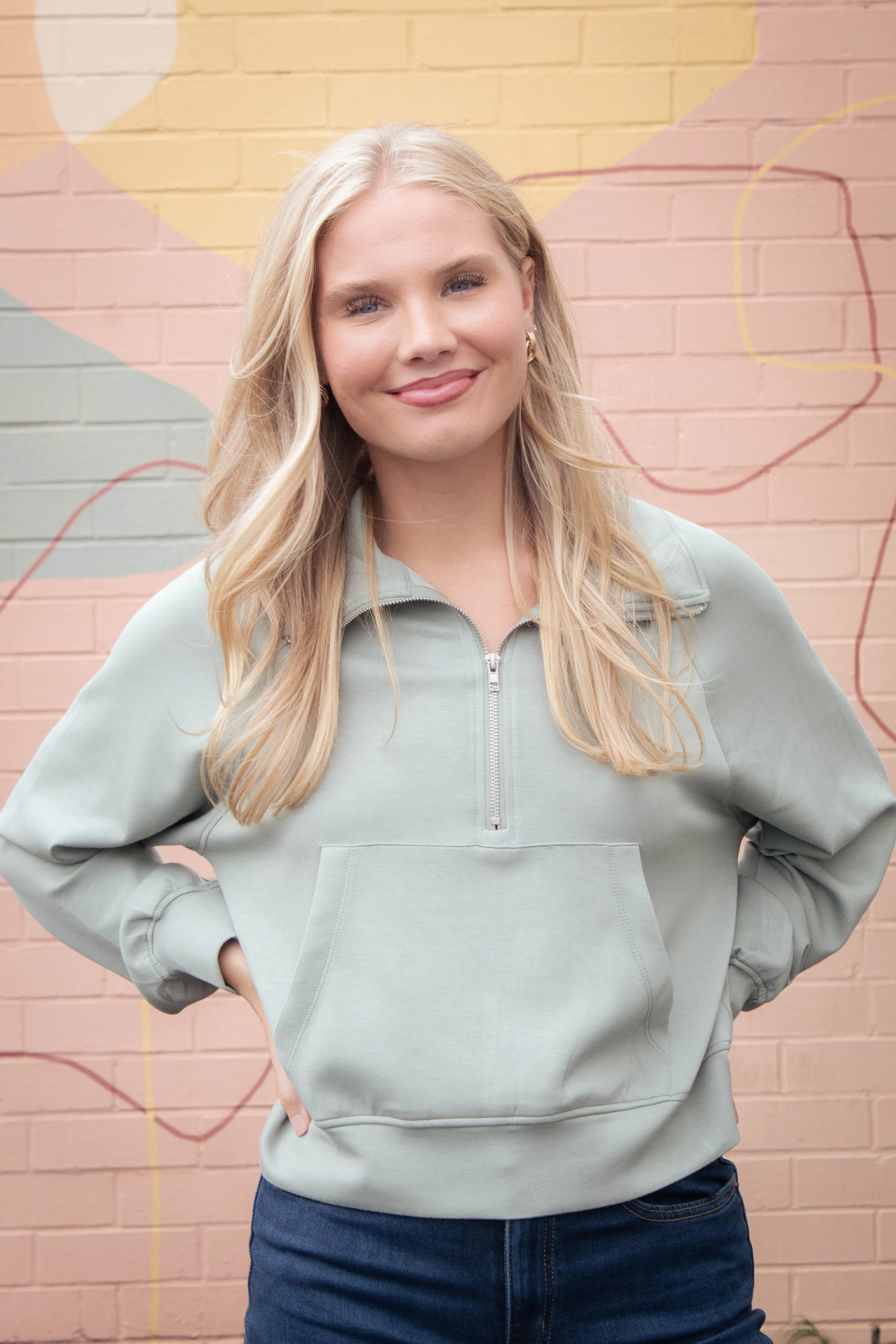 Image of Jovie Half Zip Knit Sweatshirt, Sage Green