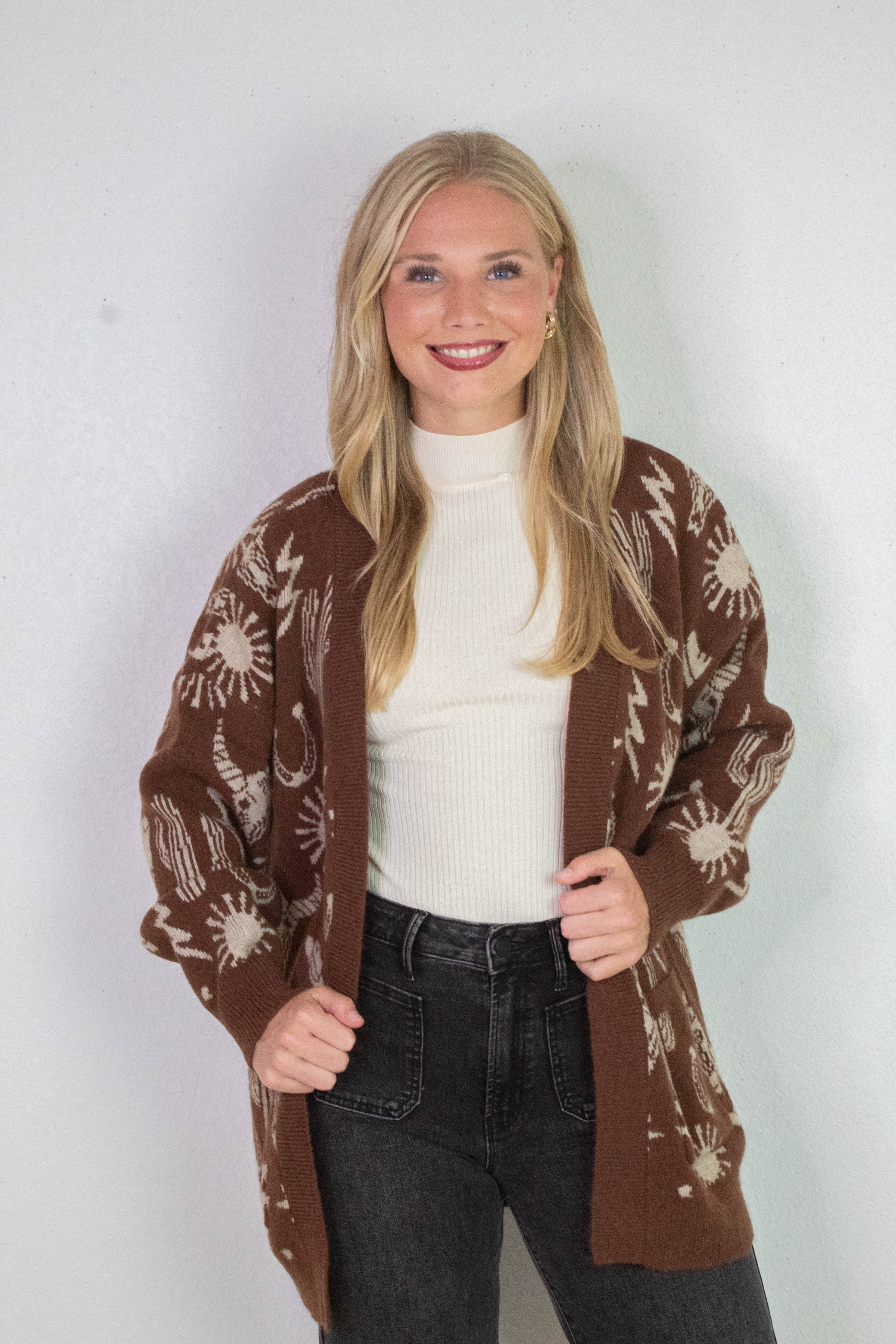 Image of Alina Oversized Western Print Cardigan, Chocolate