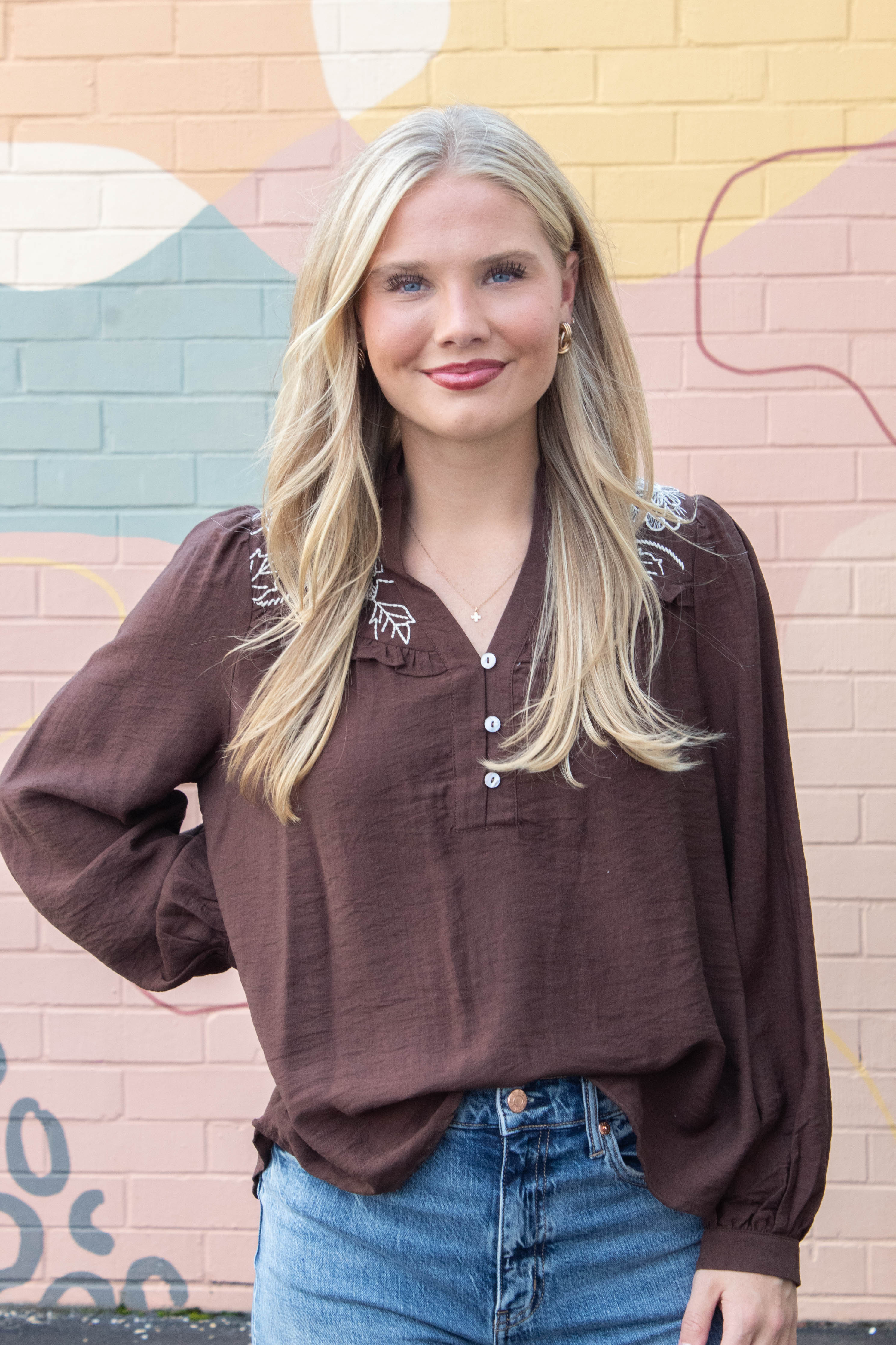 Image of Mary Floral Embroidered Ruffle Neck Top, Brown