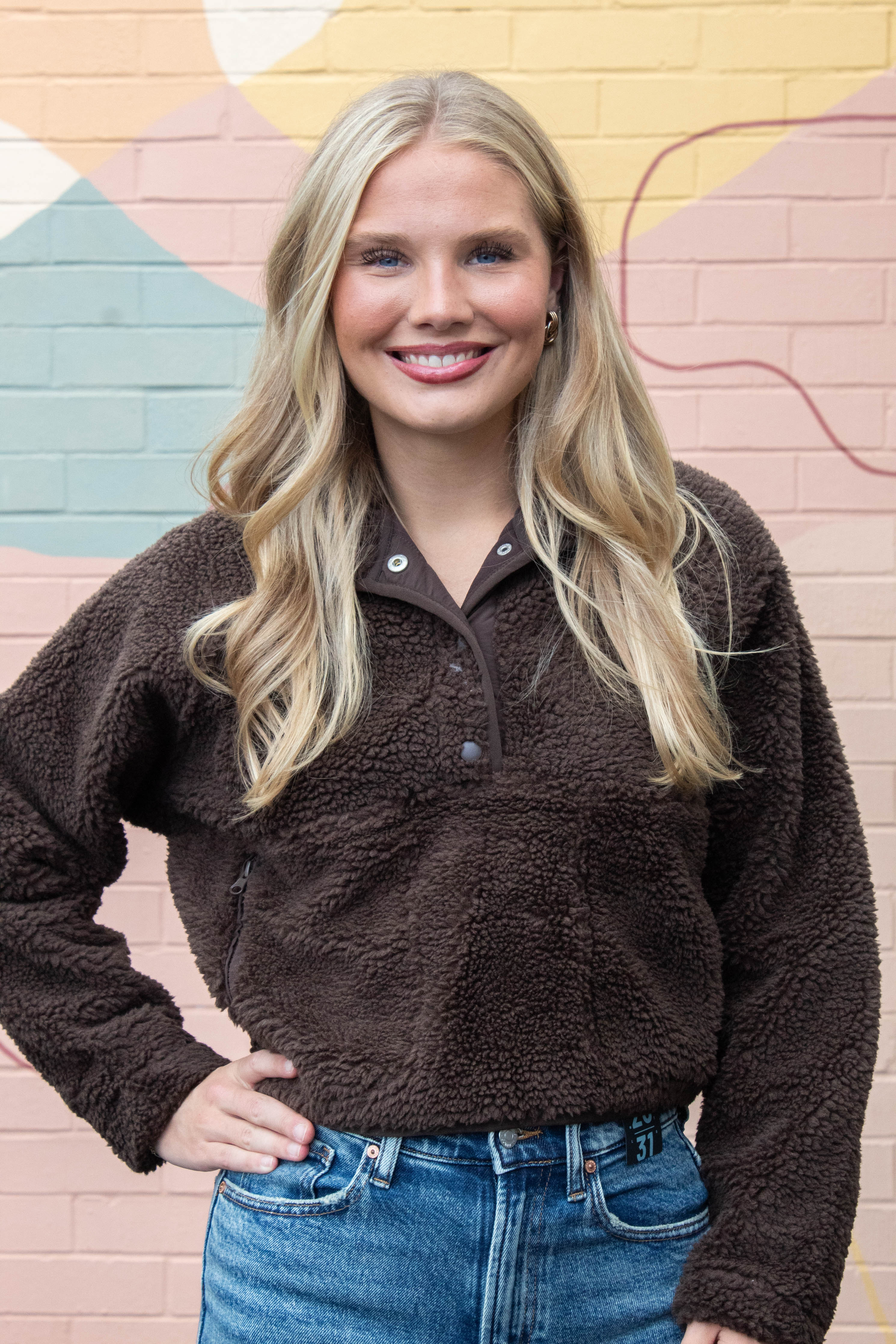 Image of Aria Sherpa Button Neck Jacket, Brown