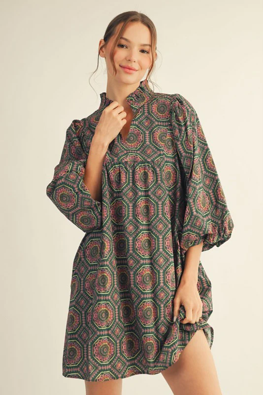 Image of Leena Printed Dress, Hunter Green