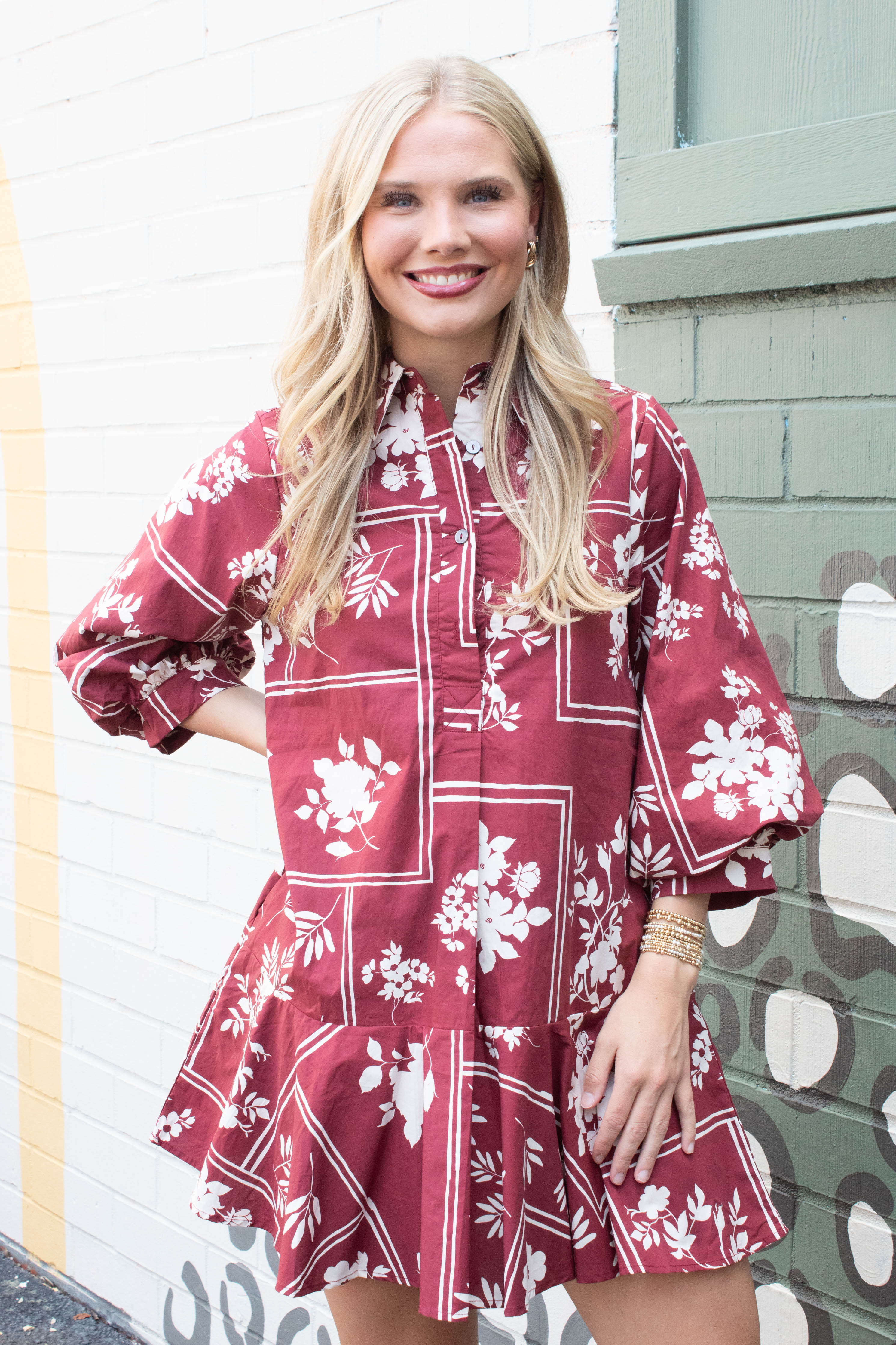 Image of Charlie Printed Collared Mini Dress, Red Brown