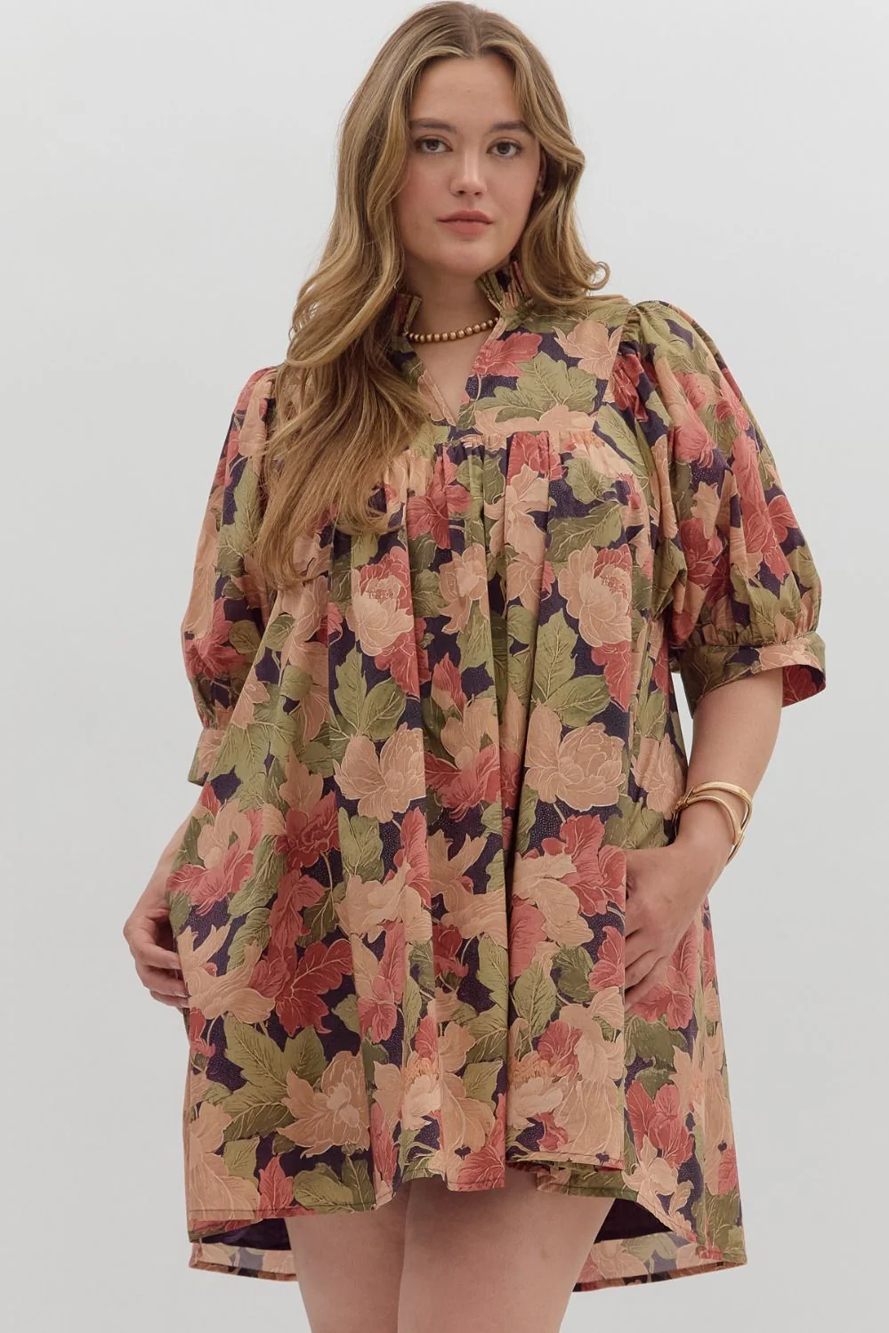 Image of Magnolia Floral Ruffle Neck Dress, Brown | Plus Size