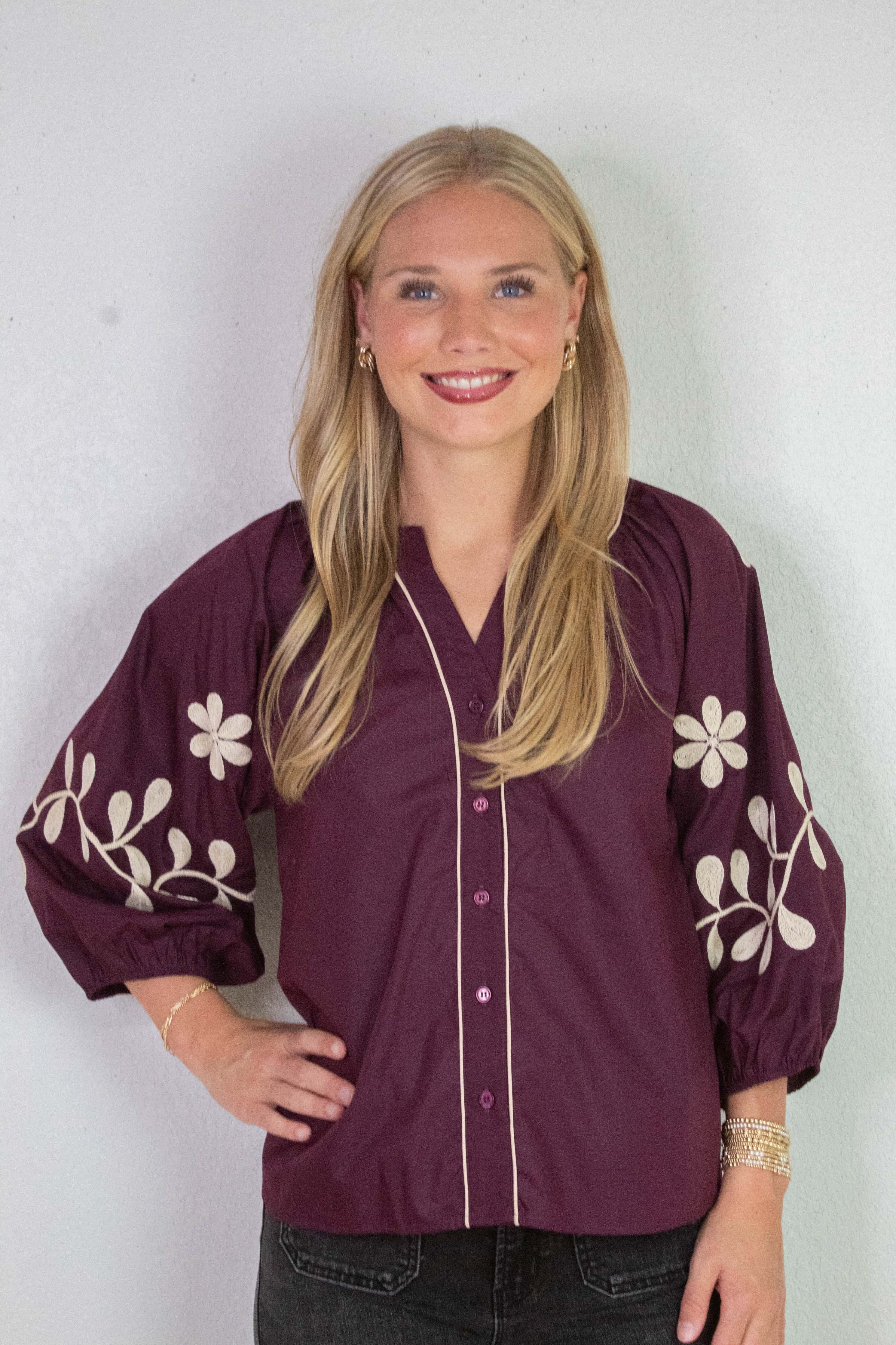 Image of Amira Embroidered Sleeve Buttoned Blouse, Merlot