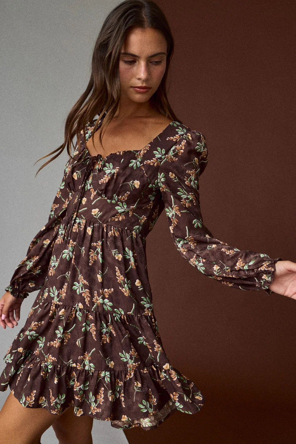 Image of Tiff Floral Mini Dress, Brown