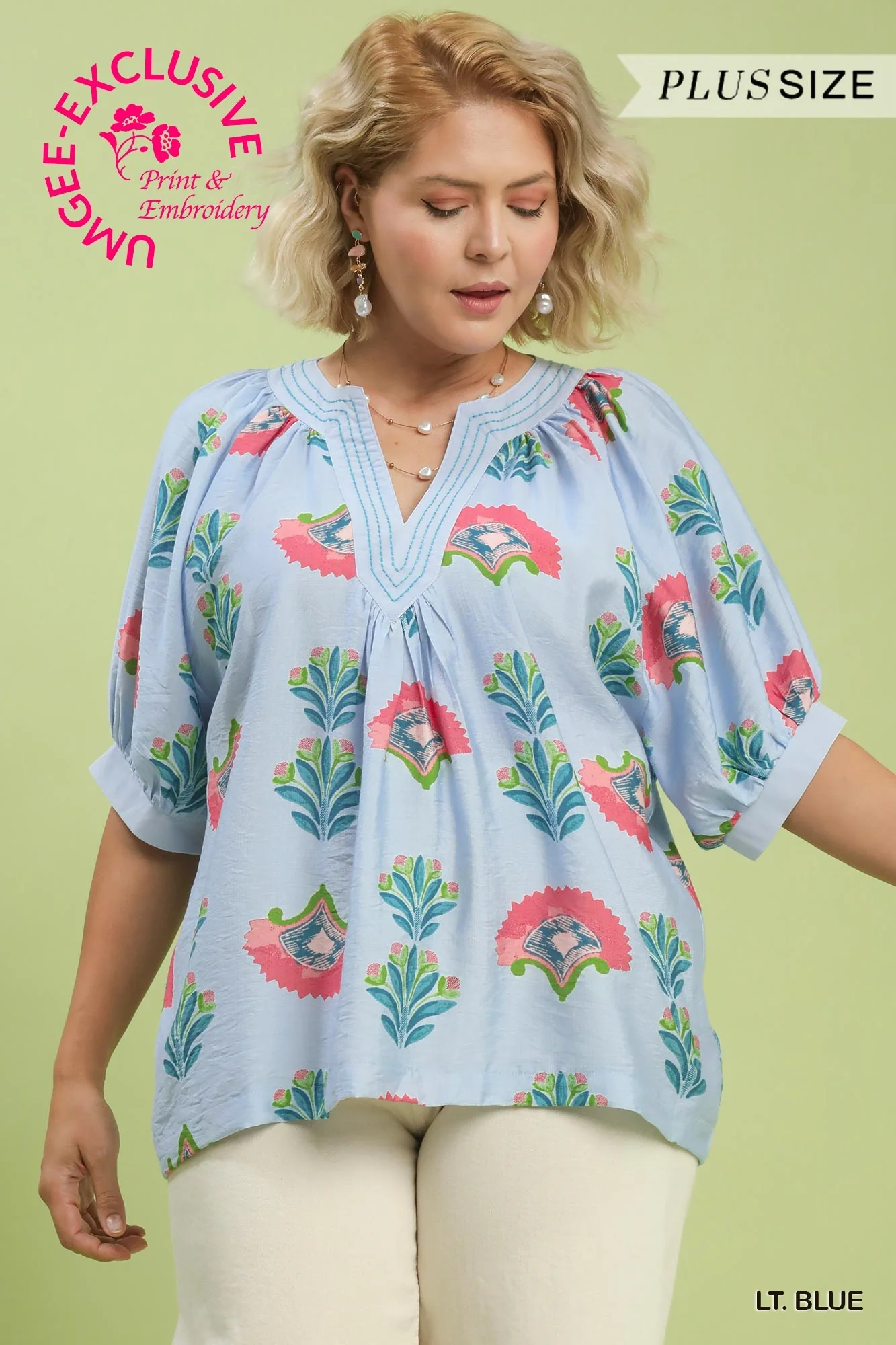 Image of Alma Floral Top, Light Blue | Plus Size