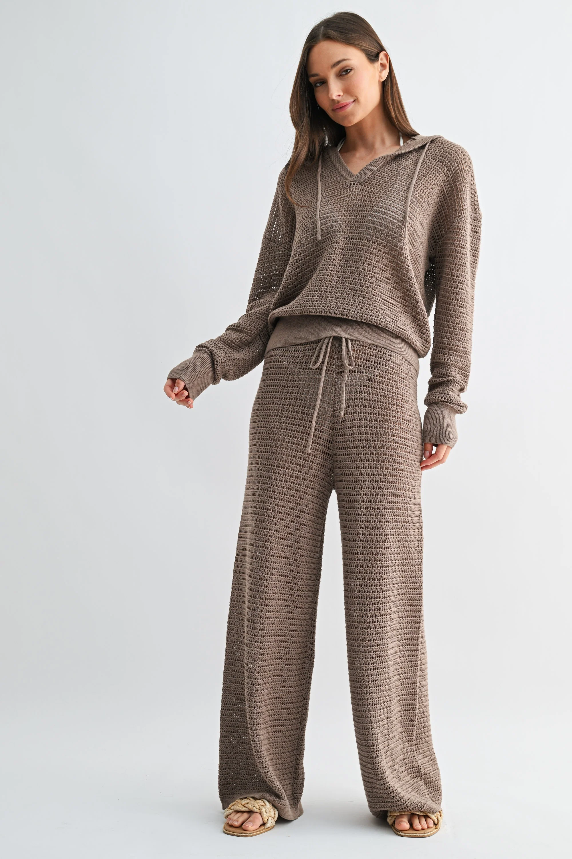 Image of Quinn Crochet Wide Leg Pants, Silken Taupe