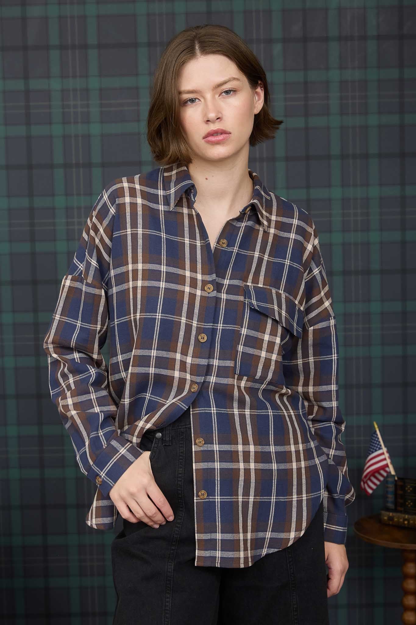Image of Cara Plaid Shirt, Navy Multi