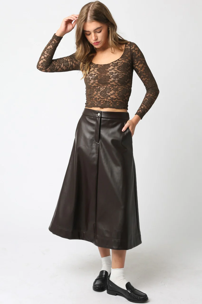 Image of Carter Faux Leather Midi Skirt, Dark Chocolate