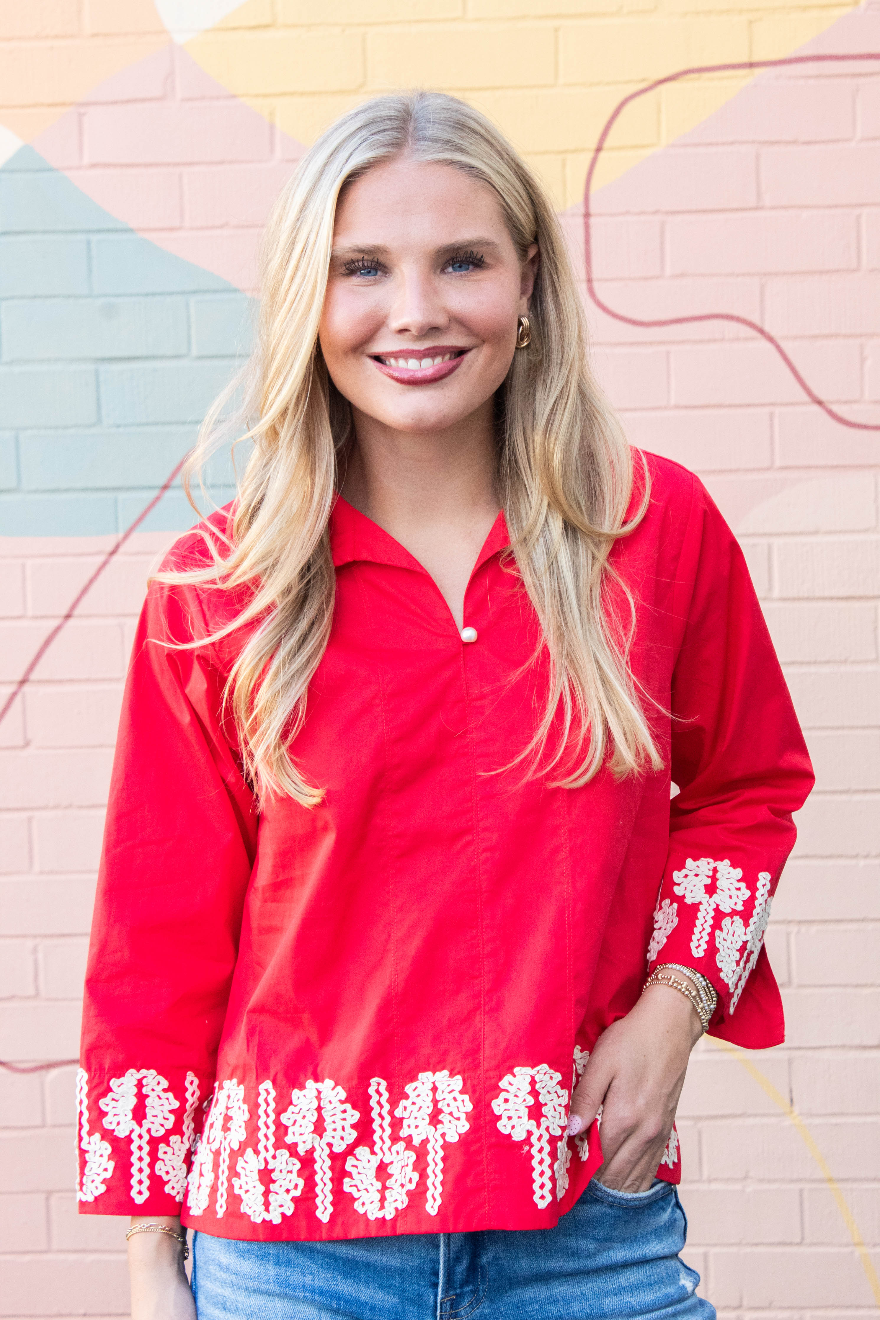 Image of Katie 3D Floral Trim Accent Top, Red