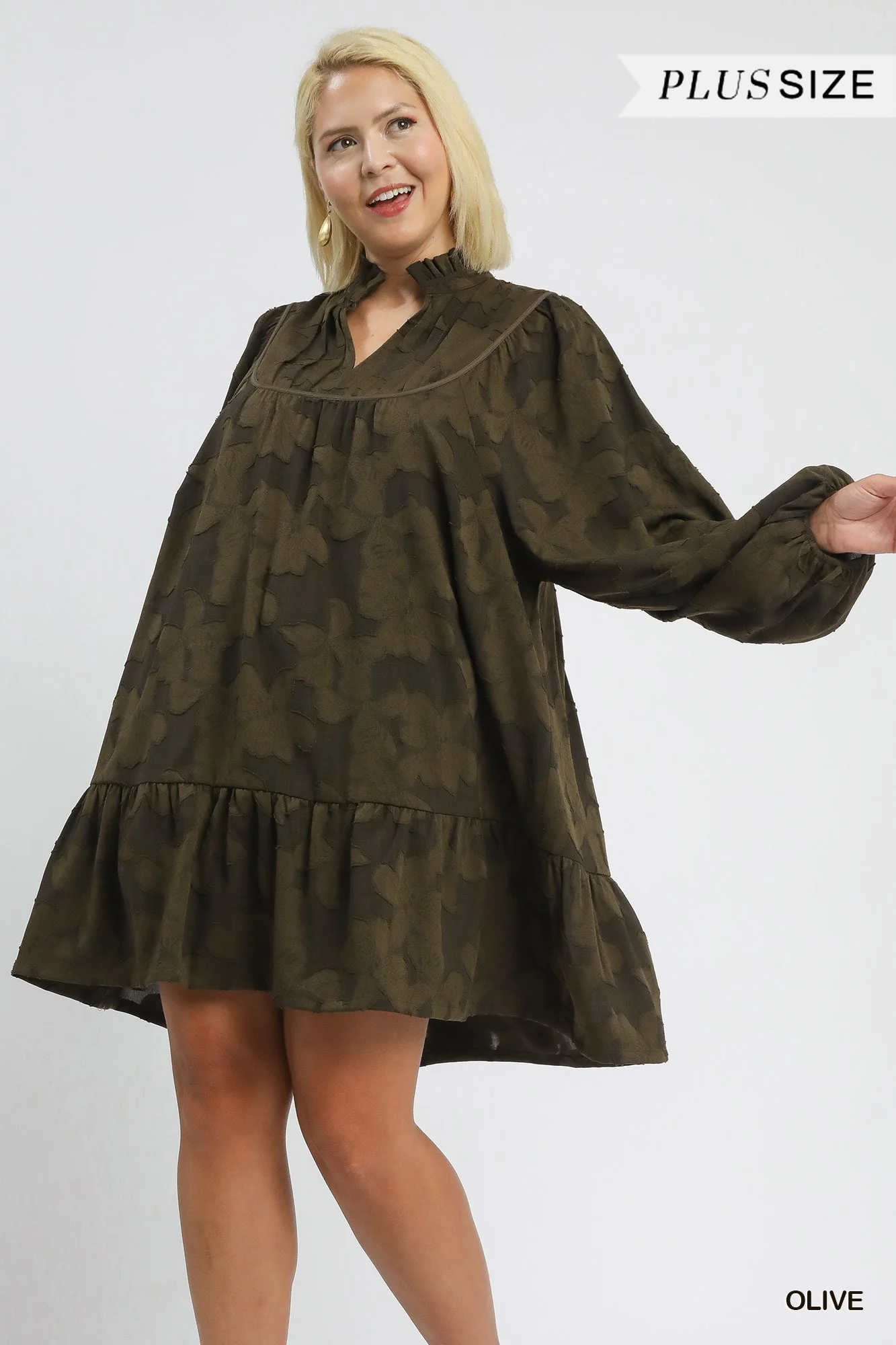 Image of Arlette Jacquard Ruffle Detail Dress, Olive | Plus Size