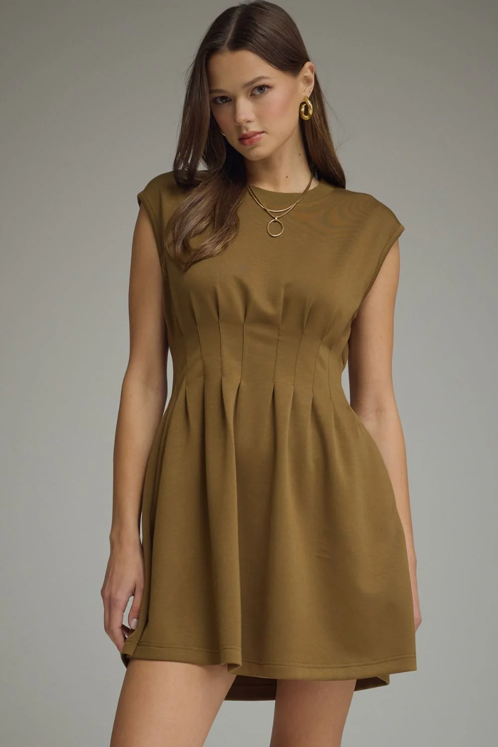 Image of Colton Pin Tuck Mini Dress, Olive