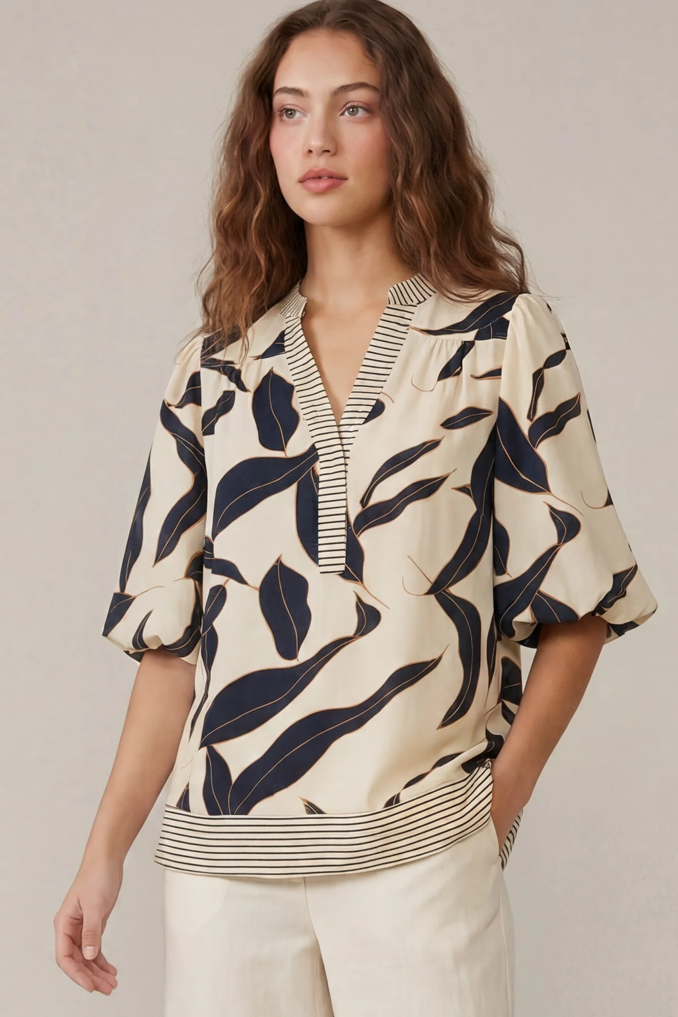 Image of Westen Bubble Sleeve Blouse, Navy