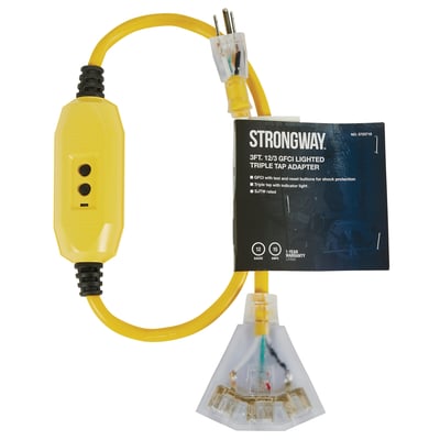 Strongway GFCI Lighted Triple Adapter, 3ft.L, 12/3-Ga, 15 Amps, Model# 201703013001