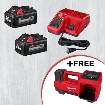Milwaukee M18 18-Volt Lithium-Ion High Output Starter Kit with Two 6.0 Ah Battery and Charger, Model# 48-59-1862S, Plus Free M18 18V Cordless Electric Portable Inflator, Model# 2848-20