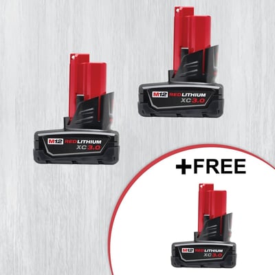 Milwaukee M12 12-Volt Lithium-Ion XC Extended Capacity 3.0 Ah Battery 2 Pack, Model# 48-11-2412, Plus Free M12 12V Lithium-Ion XC Extended Capacity Battery Pack 3.0Ah, Model# 48-11-2402
