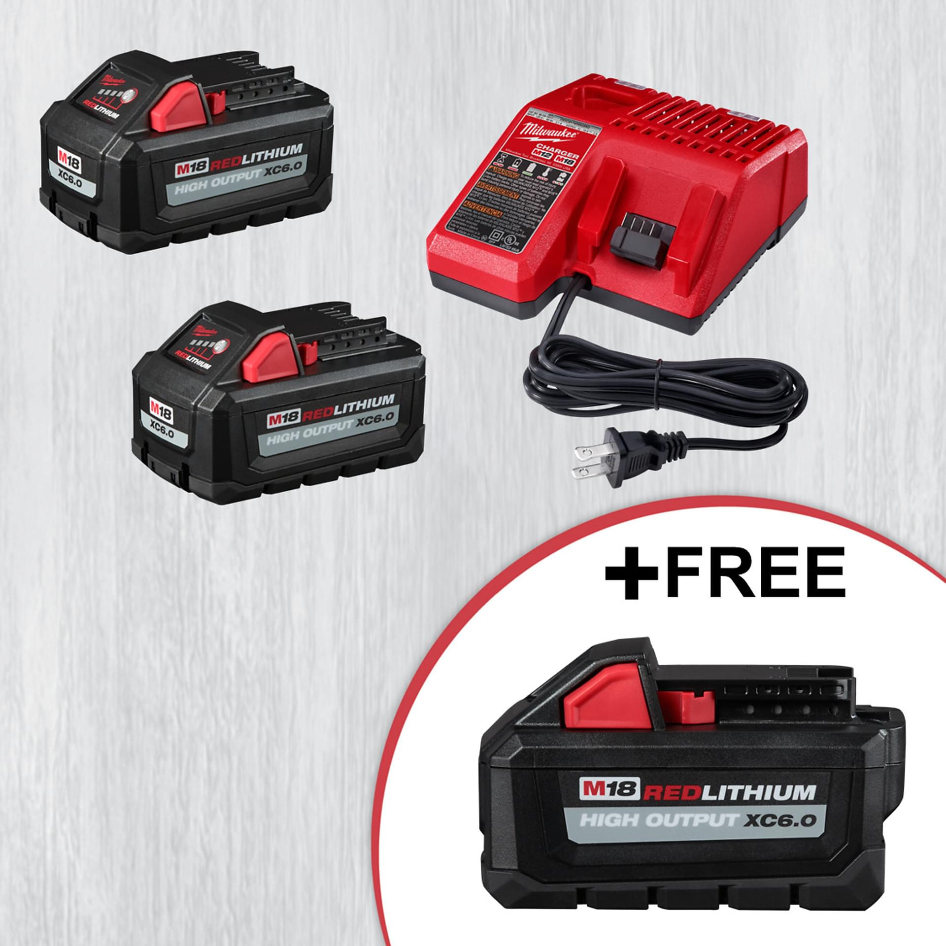 Milwaukee M18 18-Volt Lithium-Ion High Output Starter Kit with Two 6.0 Ah Battery and Charger, Model# 48-59-1862S, with Free M18 18-Volt Lithium-Ion High Output Battery Pack 6.0Ah, Model# 48-11-1865