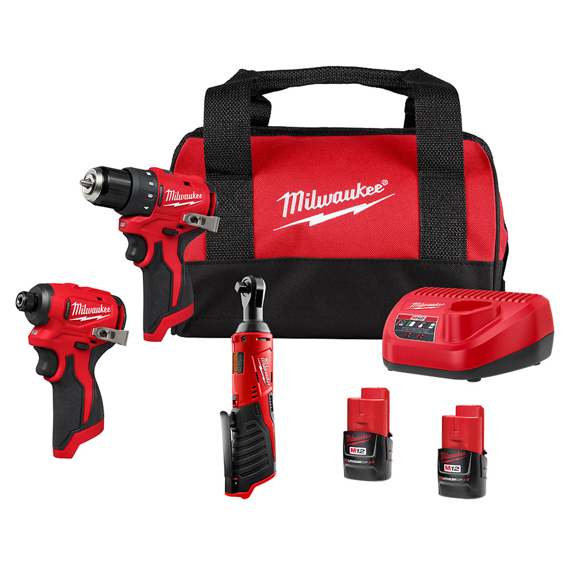 Milwaukee M12™ Subcompact Brushless Combo Kit Kit with Drill, Impact Driver, Ratchet, Two Batteries, 1 Charger, Carrying Case, Model# 3494-23R