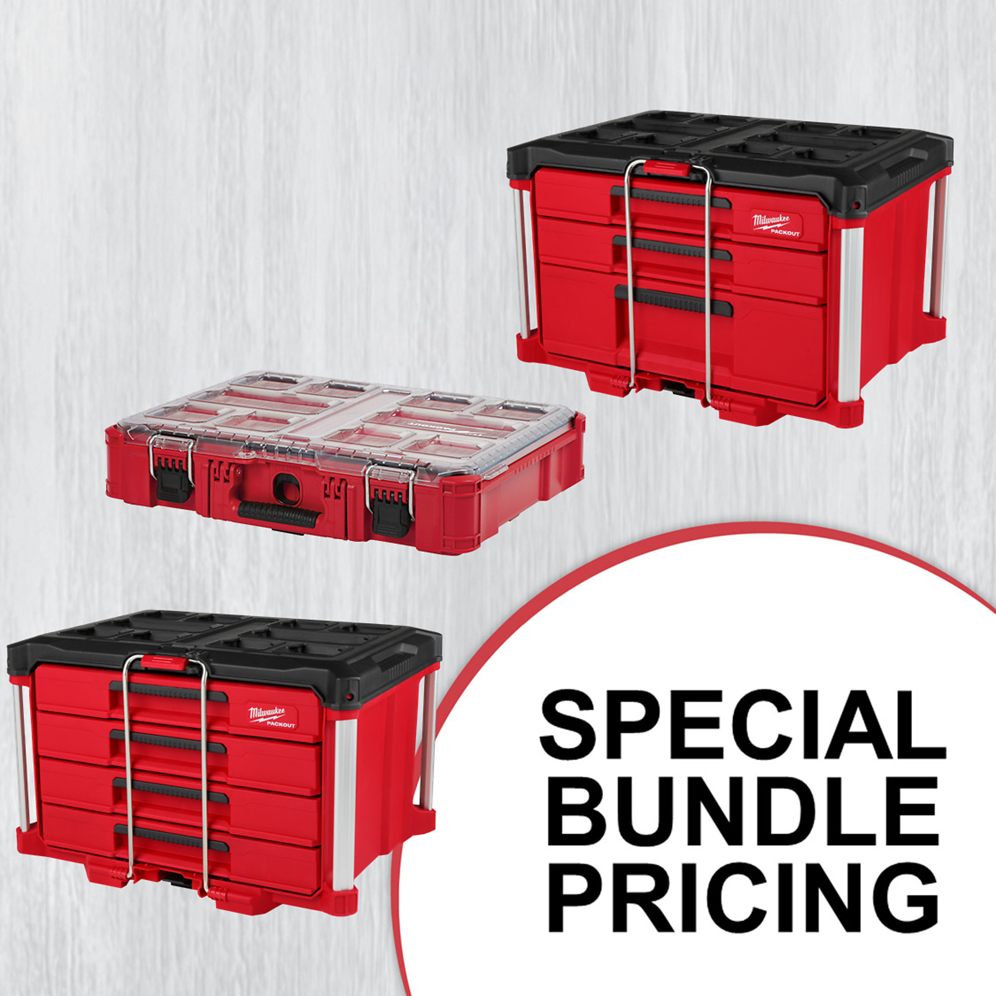 Milwaukee PACKOUT 22 in.  4-Drawer Tool Box (48-22-8444) with PACKOUT 22 in. 3-Drawer Multi Drawer Tool Box (48-22-8447) with PACKOUT 11-Compartment Impact Resistant Portable Small Parts Organizer (48-22-8430)
