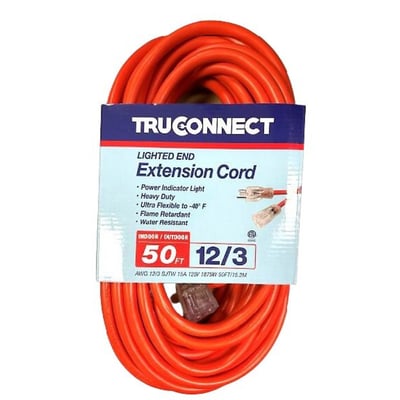 TruConnect, 50ft. Outdoor Extension Cord 12/3 Gauge Lighted End, Cord Length 50 ft, Cable Gauge 12/3 Amps 15 Model# 32535