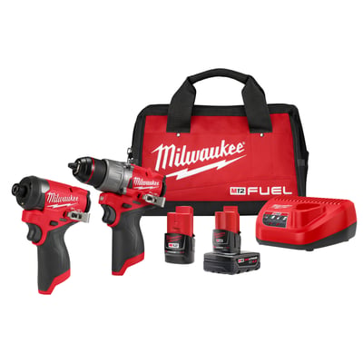 Milwaukee M12 FUEL 2-Tool Combo Kit, 1/2in. Drill Driver, 1/4in. Hex Impact Driver, 2 Batteries, Charger, Model# 3497-22