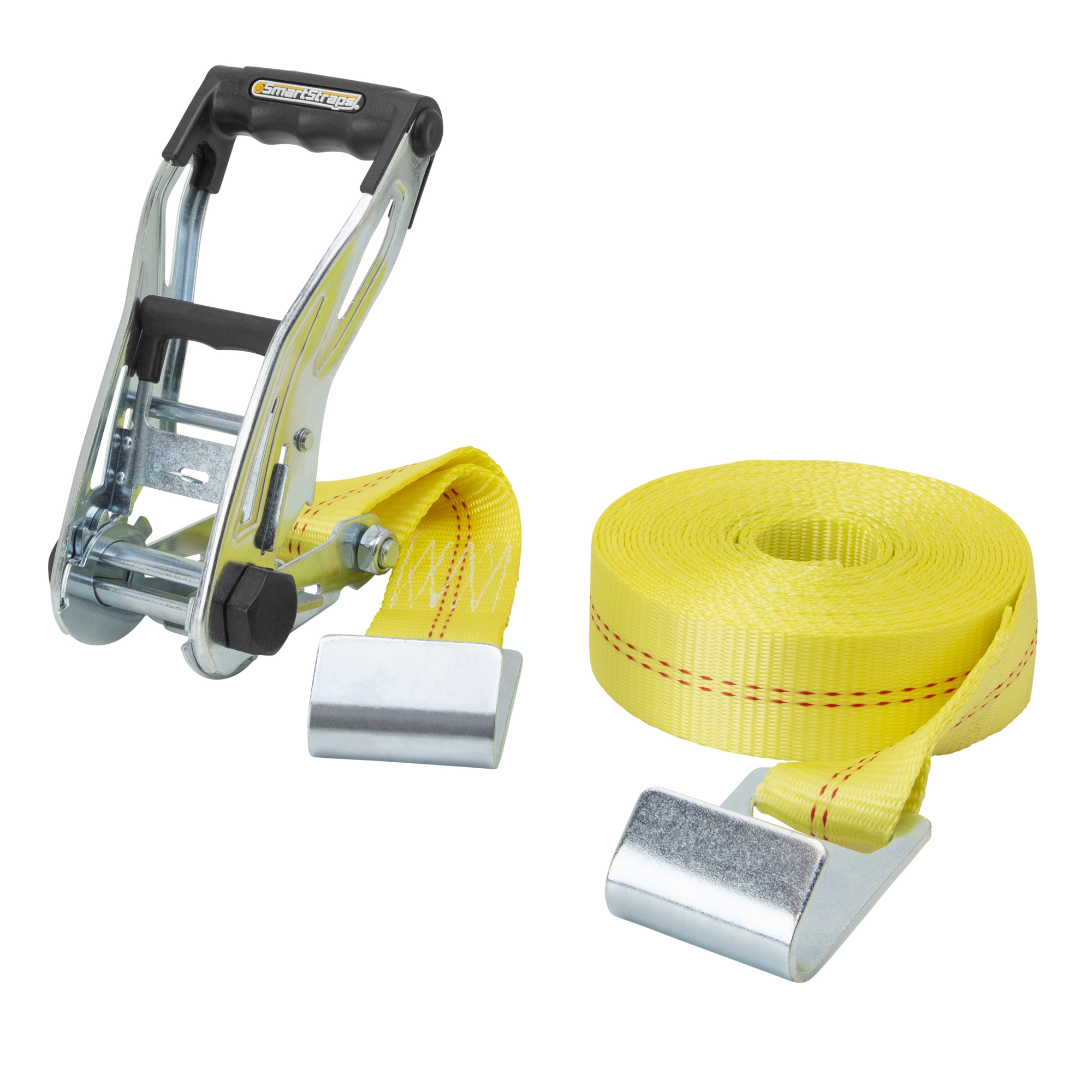 SmartStraps 2in. x 27ft. Ratchet Strap Tie-Down, 10,000-Lb. Working Load, 3,333-Lb. Breaking Strength, Flat Hooks, Yellow, Model# 9265