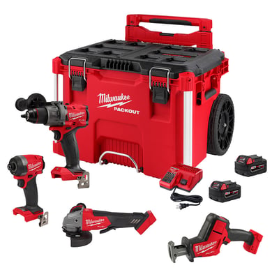 Milwaukee M18 FUEL 4-Tool Combo Kit with Hammer Drill, Impact Driver, Grinder, HACKZALL, 2 XC5.0 Batteries, 1 Charger, PACKOUT Rolling Toolbox, Model# 3697-24PO