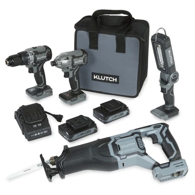 Klutch KLiQ 20V, 1/2in. Drill/Driver + 1/4in. Impact Driver Kit with Worklight, Reciprocating Saw and KLiQ 2.0Ah Batteries