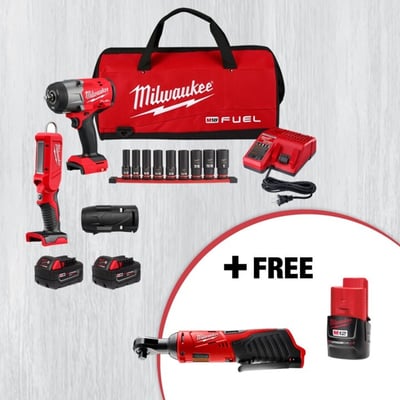 Milwaukee M18 FUEL High Torque Impact Wrench Kit with Stick Light and Batteries, Drive Size 1/2in., Model# 2967-22S2SE24P4