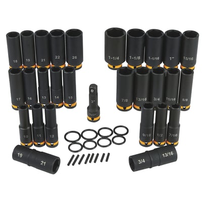 Klutch 1/2in.-Drive Deep Impact Socket Set, SAE + Metric, Chrome Molybdenum, 29-Pc.