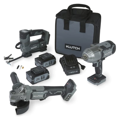 Klutch 20V High-Torque 1/2in. Impact Wrench Kit with Inflator, Angle Grinder and 2 KLiQ 4.0Ah Batteries
