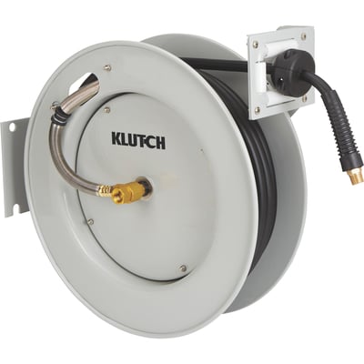 Klutch Auto-Rewind Air Hose Reel, with 3/8in. x 50ft. Hybrid Polymer Hose, 300 Max. PSI