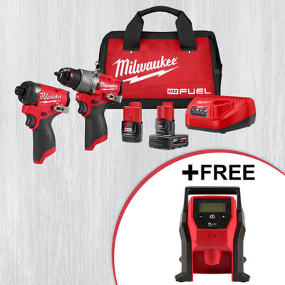 Milwaukee M12 FUEL Hammer Drill and Impact Driver Combo Kit, 2 Batteries, Free M12 Portable Inflator, Model# 2475-20